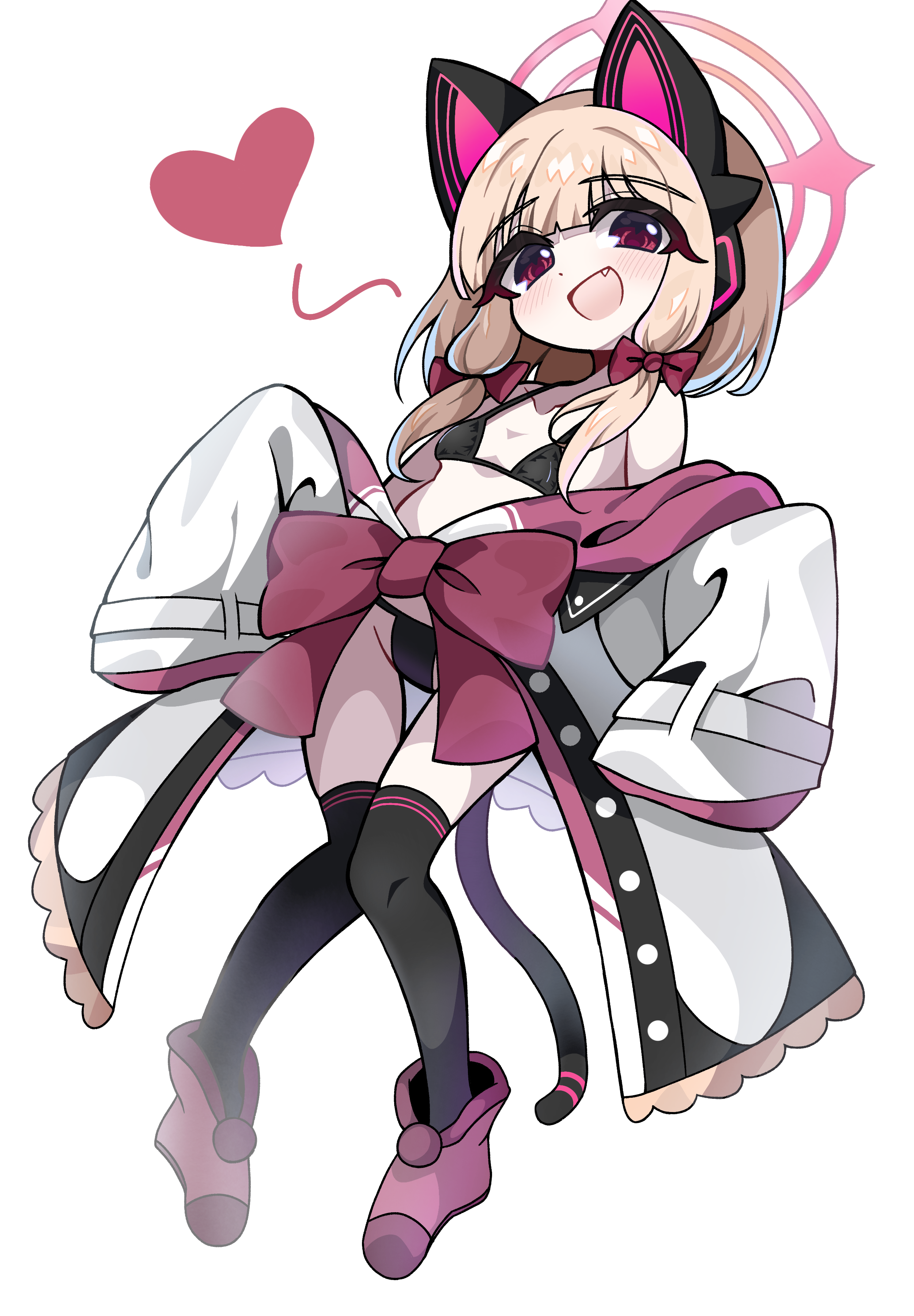 kkukka41, momoi (blue archive), blue archive, absurdres, commentary request, highres, 1girl, :d, animal ear headphones, animal ears, bikini, black bikini, black thighhighs, blonde hair, boots, bow, cat ears, cat tail, deformed, fake animal ears, fang, flat chest, full body, hair bow, halo, headphones, heart, jacket, knees together feet apart, long sleeves, looking at viewer, medium hair, micro bikini, open clothes, open jacket, open mouth, pink boots, pink halo, red bow, red eyes, sidelocks, simple background, sleeves past fingers, sleeves past wrists, smile, solo, swimsuit, tail, thighhighs, white background, white jacket