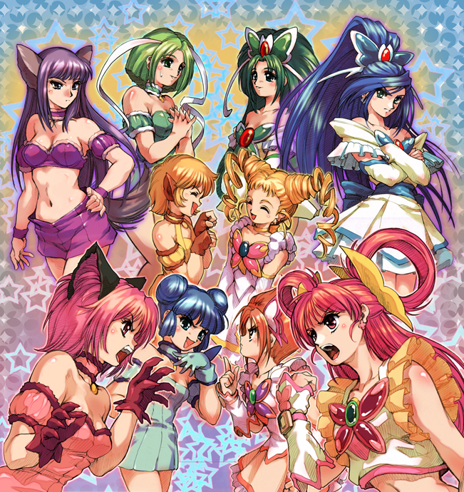 hisahiko, aizawa mint, akimoto komachi, cure aqua, cure dream, cure lemonade, cure mint, cure rouge, fong pudding, fujiwara zakuro, kasugano urara (yes! precure 5), mew ichigo, mew lettuce, mew mint, mew pudding, mew zakuro, midorikawa lettuce, minazuki karen, momomiya ichigo, natsuki rin, yumehara nozomi, precure, tokyo mew mew, yes! precure 5, 00s, 6+girls, :d, ^ ^, angry, animal ears, armband, bandeau, bare shoulders, blonde hair, blue eyes, blue hair, blush, breasts, brooch, brown hair, bug, butterfly, butterfly hair ornament, cat ears, choker, claws, cleavage, clenched hands, closed eyes, cone hair bun, crop top, crossed arms, crossover, detached sleeves, double bun, dress, drill hair, earrings, everyone, eye contact, eyelashes, fingerless gloves, flat chest, gloves, green eyes, green hair, hair bun, hair ornament, hair ribbon, hand on own hip, insect, jewelry, large breasts, laughing, long hair, looking at another, magical girl, medium breasts, midriff, multiple girls, navel, open mouth, opposing sides, orange hair, pendant, pig tail, pink eyes, pink hair, pointing, ponytail, red eyes, red hair, ribbon, rivalry, short dress, short hair, smile, star (symbol), sweatdrop, tail, trait connection, twin drills, twintails, very long hair, wide ponytail, wristband