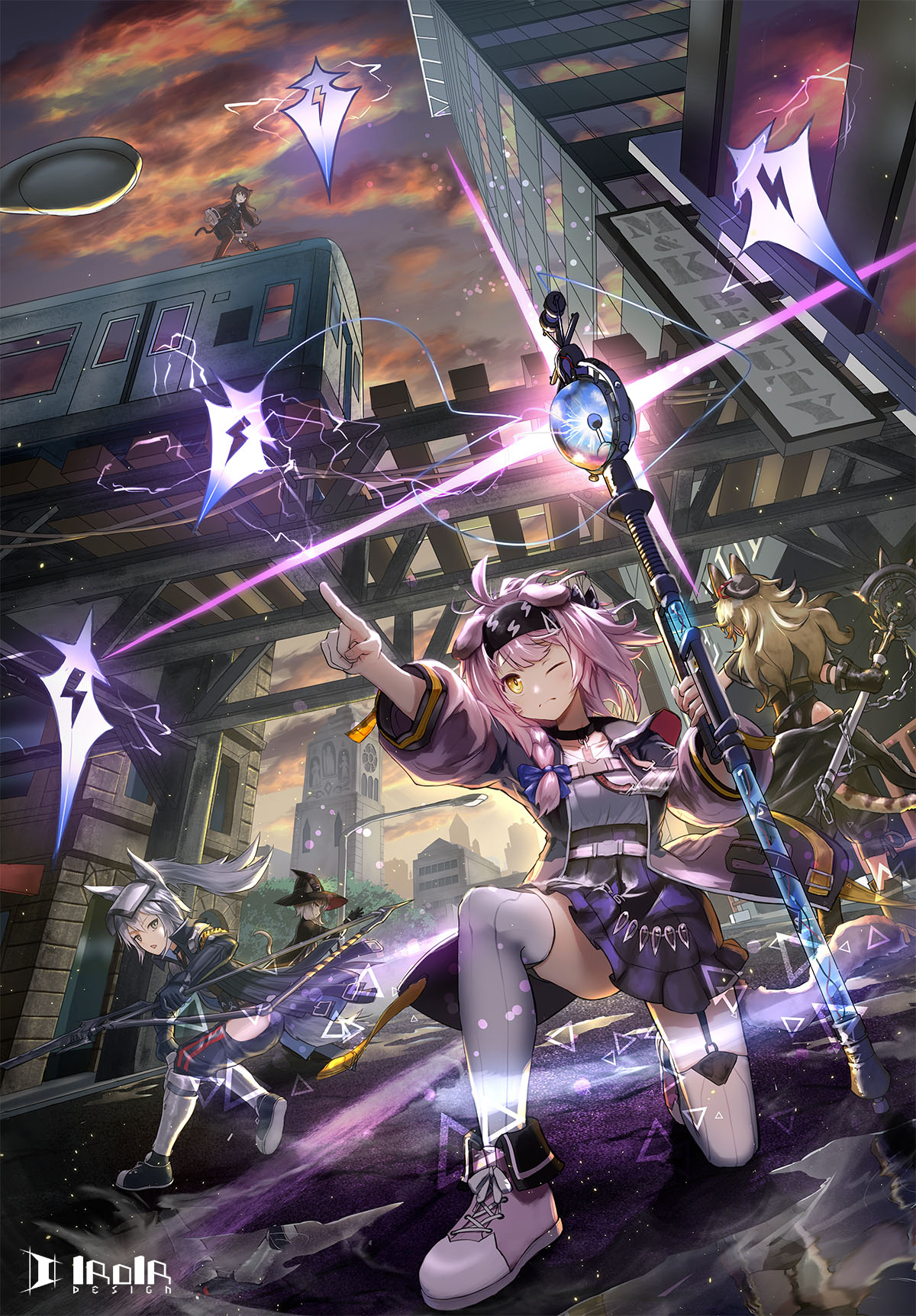 iroia, goldenglow (arknights), grani (arknights), haze (arknights), quercus (arknights), skyfire (arknights), arknights, commentary request, highres, 5girls, ahoge, animal ears, braid, brown hair, cat ears, city, clothing cutout, coat, electricity, grey hair, hat, hip vent, horse ears, horse tail, lamppost, multiple girls, on one knee, one eye closed, pink coat, pink hair, pointing, polearm, ponytail, skirt, spear, staff, tail, thighhighs, train, weapon, witch hat, yellow eyes