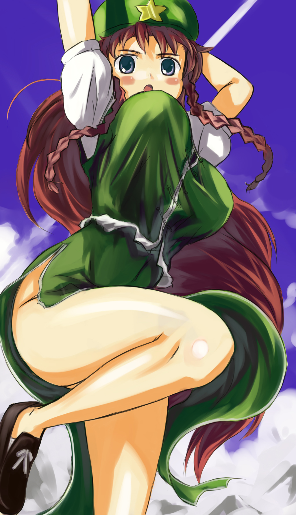 gigokku, hong meiling, embodiment of scarlet devil, touhou, highres, 1girl, blue eyes, bouncing breasts, braid, breasts, china dress, chinese clothes, dress, female focus, hat, large breasts, long hair, no panties, red hair, solo, twin braids