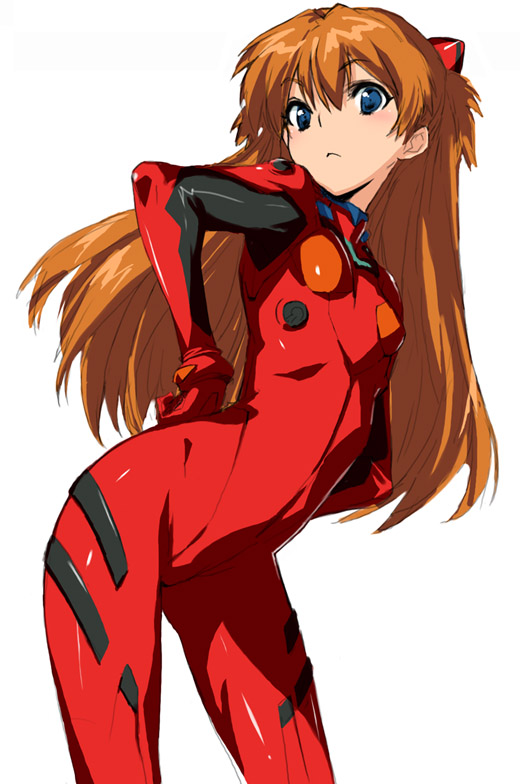 kawata hisashi, souryuu asuka langley, neon genesis evangelion, 1girl, arched back, blue eyes, bracer, cowboy shot, curvy, female focus, from side, frown, hair between eyes, hands on own hips, latex, looking at viewer, mecha pilot suit, orange hair, parted bangs, plugsuit (evangelion), shiny clothes, simple background, skin tight, solo, two side up, white background, wide hips