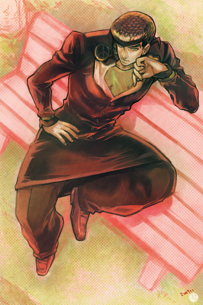 limits hys, suzuki tsuta, higashikata josuke, diamond is not crash, jojo no kimyou na bouken, bad id, bad pixiv id, 1boy, bench, black hair, from above, full body, gakuran, green shirt, hand on own hip, head rest, heart, male focus, outdoors, peace symbol, pompadour, school uniform, shirt, sitting, solo