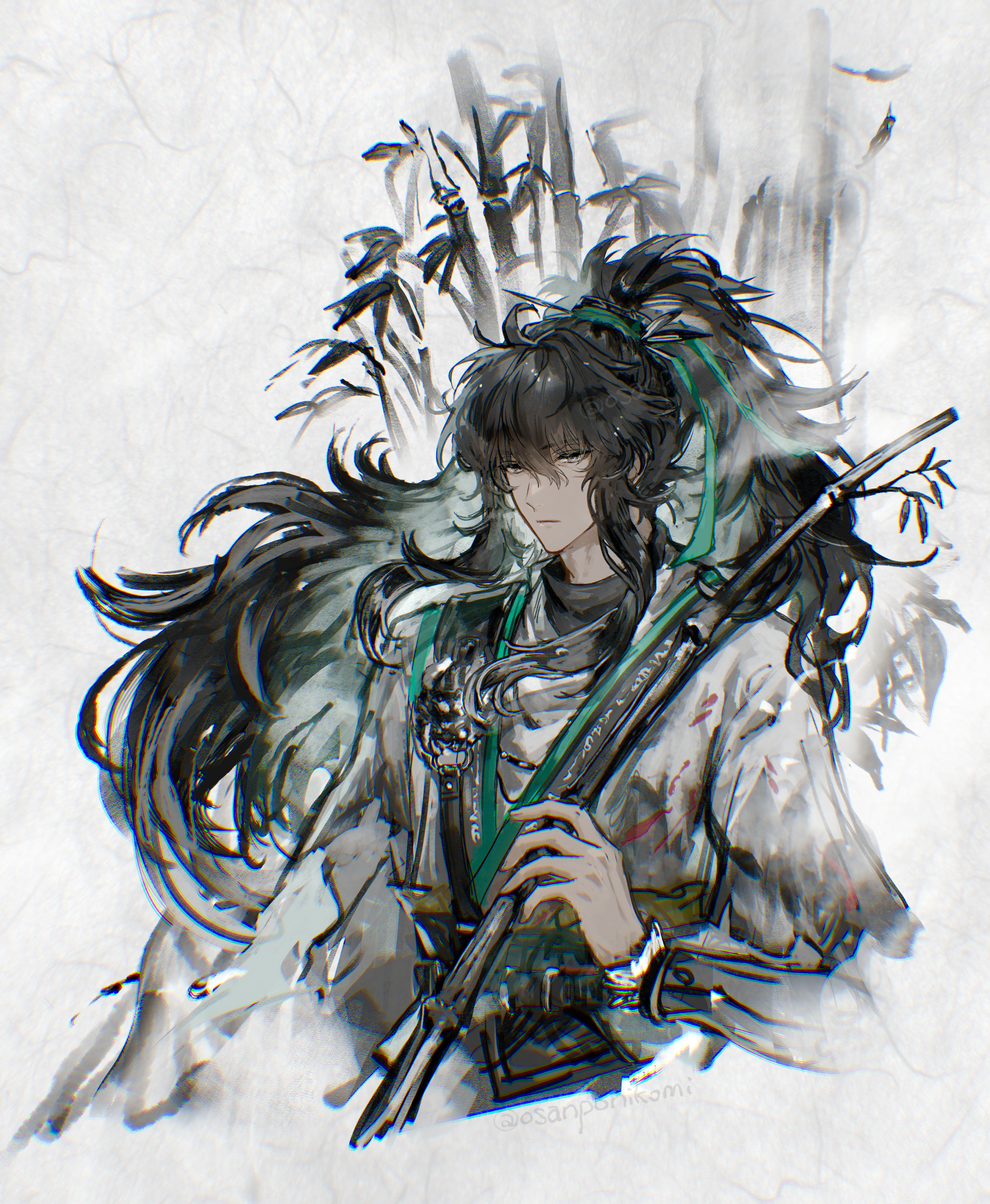 esonichino, qiuyuan (wuthering waves), wuthering waves, absurdres, commentary request, highres, 1boy, arm armor, bamboo, black hair, cloak, closed mouth, grey eyes, hair between eyes, holding, long hair, looking at viewer, male focus, solo, white cloak