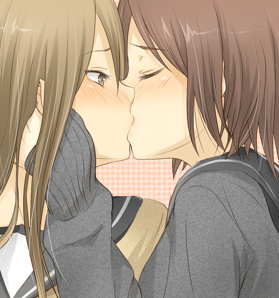 kiiroi tamago, yuino-y, original, bad id, bad pixiv id, 2girls, @ @, blush, brown eyes, brown hair, closed eyes, female focus, from side, hand on another's ear, hand on another's face, hand on another's head, hand up, kiss, long hair, long sleeves, multiple girls, profile, school uniform, serafuku, short hair, simple background, sleeves past wrists, surprised, sweater, upper body, yuri