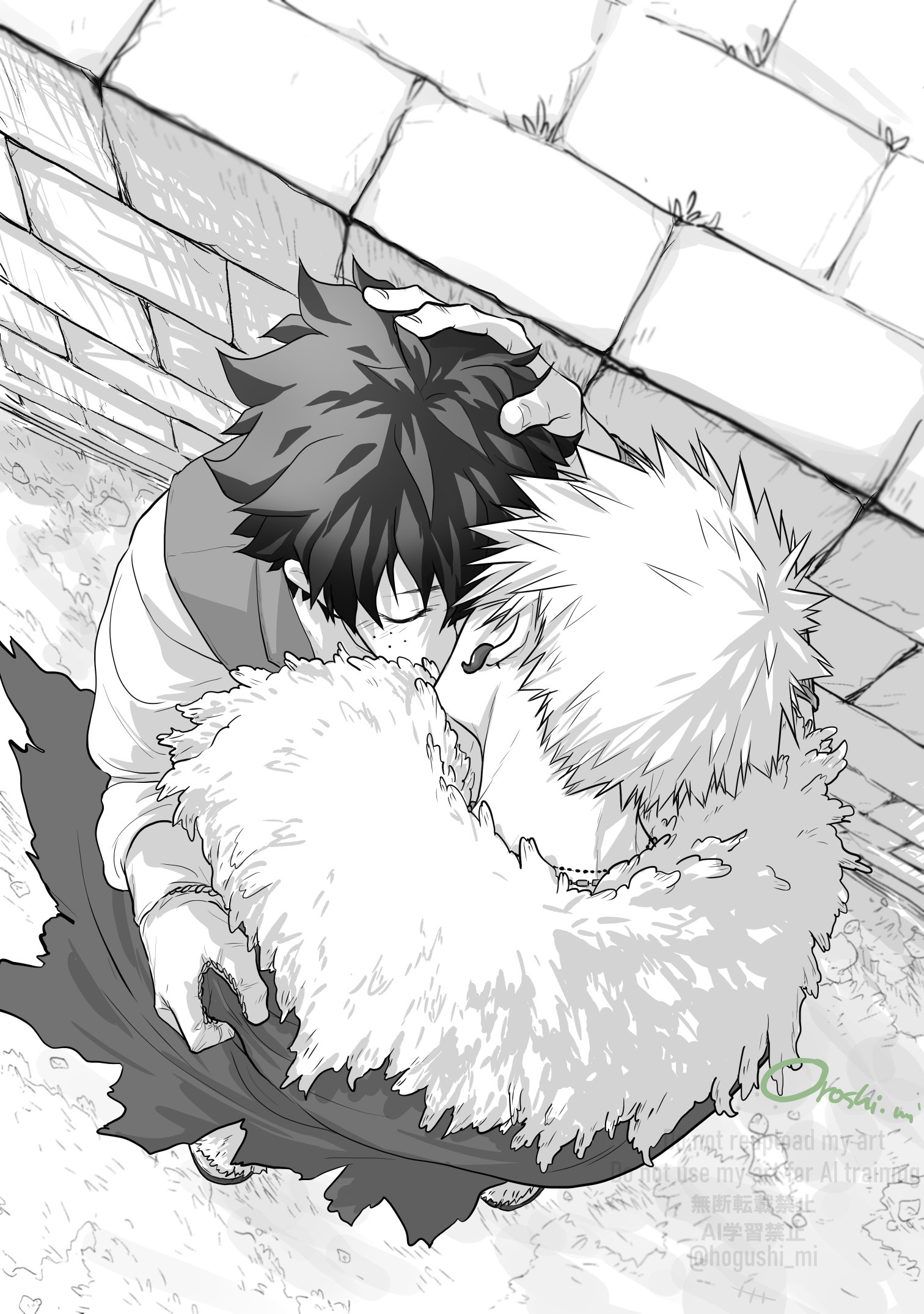 oroshi mi, bakugou katsuki, midoriya izuku, boku no hero academia, commentary request, highres, 2boys, cape, closed eyes, earrings, freckles, fur-trimmed cape, fur trim, greyscale, hand on another's head, jewelry, kiss, long sleeves, male focus, monochrome, multiple boys, official alternate costume, outdoors, piercing, short hair, standing, torn cape, torn clothes, vest, yaoi