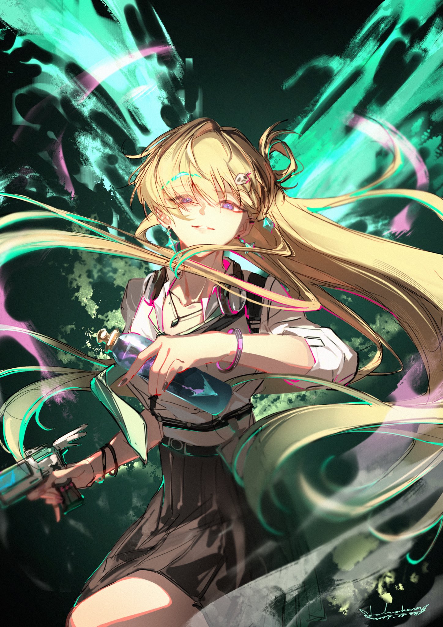 linlinzhong, lynae (wuthering waves), wuthering waves, commentary, highres, symbol-only commentary, 1girl, aqua necktie, asymmetrical dual wielding, black skirt, blonde hair, can, collarbone, dual wielding, earrings, hair ornament, headphones, headphones around neck, holding, holding can, jewelry, long hair, looking at viewer, mole, necklace, necktie, parted lips, purple eyes, shirt, shirt tucked in, signature, skirt, skull hair ornament, smile, solo, spray can, star (symbol), star earrings, white shirt