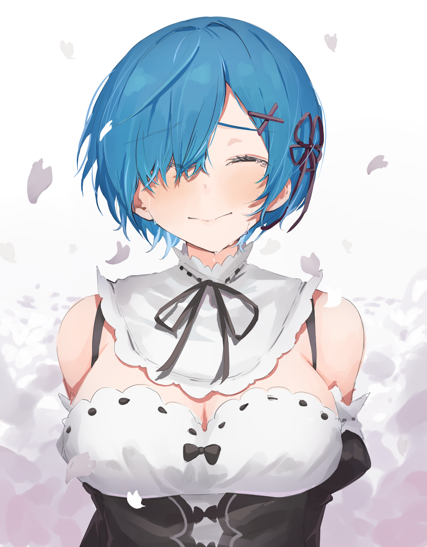 shiro (koob173), rem (re:zero), re:zero kara hajimeru isekai seikatsu, commentary request, highres, revision, 1girl, black dress, black ribbon, blue hair, breasts, cleavage, closed eyes, closed mouth, crying, dress, hair ornament, hair over one eye, large breasts, maid, pink ribbon, ribbon, roswaal mansion maid uniform, short hair, solo, streaming tears, tears, x hair ornament