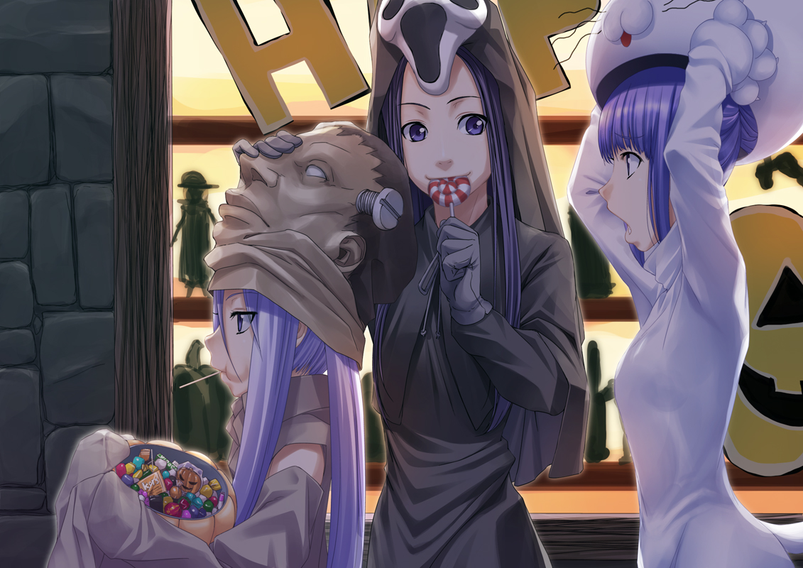heibonkaeru, frankenstein, original, scream (movie), 3girls, animal costume, candy, cat costume, food, gloves, halloween, hood, lollipop, long hair, mask, multiple girls, purple eyes, purple hair, swirl lollipop, window