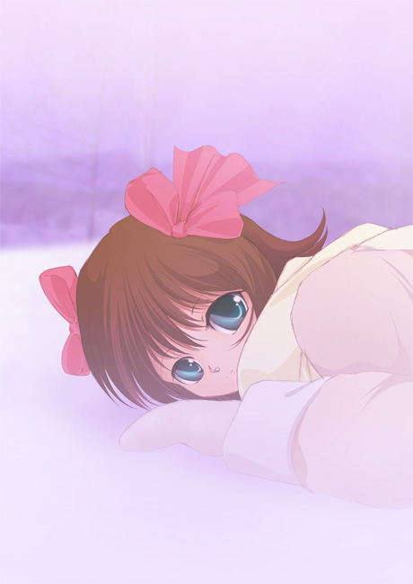 mori chu, amami haruka, idolmaster, idolmaster (classic), 00s, 1girl, bow, brown hair, female focus, hair bow, mittens, outdoors, scarf, sky, snow, solo, winter clothes