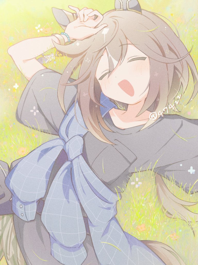 anzen robo (474zz), stay gold (umamusume), umamusume, commentary request, 1girl, animal ears, black hair, black shirt, blue shirt, blush, brown hair, camouflage, casual, closed eyes, ear covers, fanny pack, grass, hair between eyes, horse ears, horse girl, horse tail, long hair, lying, multicolored hair, on back, open mouth, pants, shirt, short sleeves, smile, stay gold (casual) (umamusume), streaked hair, tail, white hair