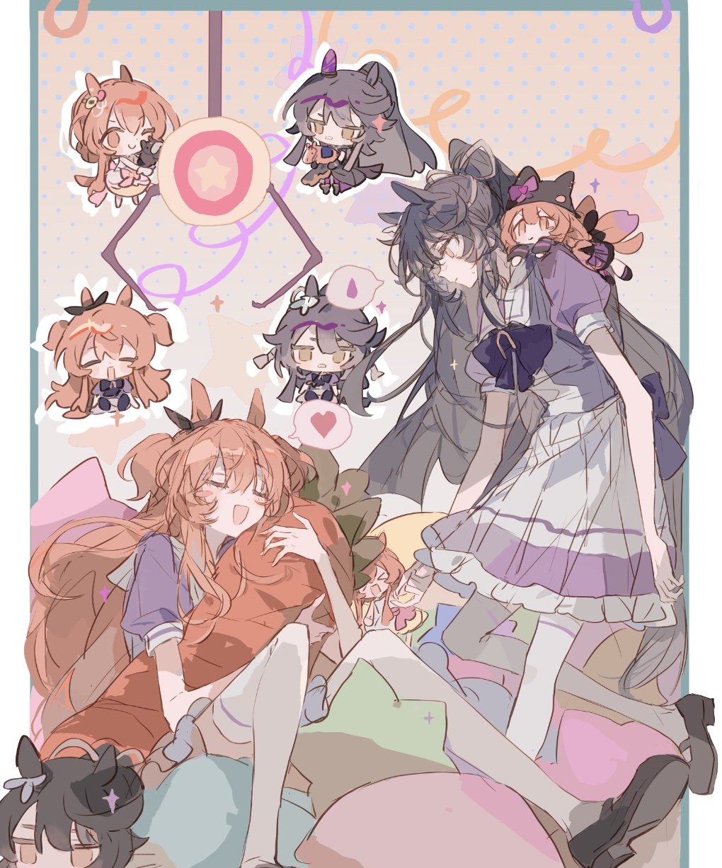 apple da-ze, mayano top gun (racehorse), mayano top gun (rockin' mewmeow) (umamusume), mayano top gun (sunlight bouquet) (umamusume), mayano top gun (umamusume), narita brian (hungry wolves) (umamusume), narita brian (racehorse), narita brian (umamusume), umamusume, commentary request, highres, > <, 2girls, animal ears, bandaid, bandaid on face, bandaid on nose, black dress, black hair, blush, bow, bowtie, carrot, character doll, closed eyes, closed mouth, crane game, doll, dress, ear ribbon, hair between eyes, hat, heart, horse ears, horse girl, horse tail, long hair, long sleeves, multiple girls, official alternate costume, one eye closed, open mouth, orange eyes, orange hair, pleated skirt, ponytail, purple bow, purple bowtie, purple shirt, sailor collar, sailor shirt, school uniform, shirt, skirt, smile, speech bubble, spoken heart, stuffed animal, stuffed carrot, stuffed toy, tail, thighhighs, tracen school uniform, two side up, white dress, white sailor collar, white skirt, white thighhighs, yellow eyes