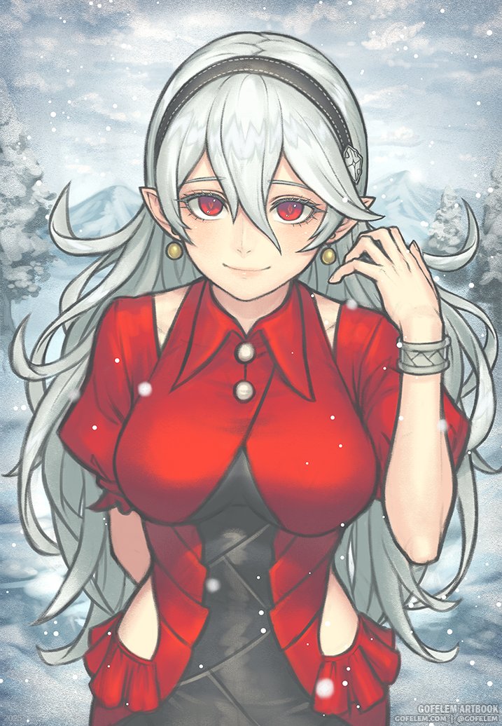gofelem, female corrin (fire emblem), fire emblem, fire emblem fates, nintendo, commentary, english commentary, 1girl, alternate costume, black dress, black hairband, breasts, closed mouth, clothing cutout, collared dress, dress, earrings, grey hair, hairband, jewelry, large breasts, long hair, looking at viewer, outdoors, pointy ears, red dress, red eyes, short sleeves, side cutout, smile, snow, solo
