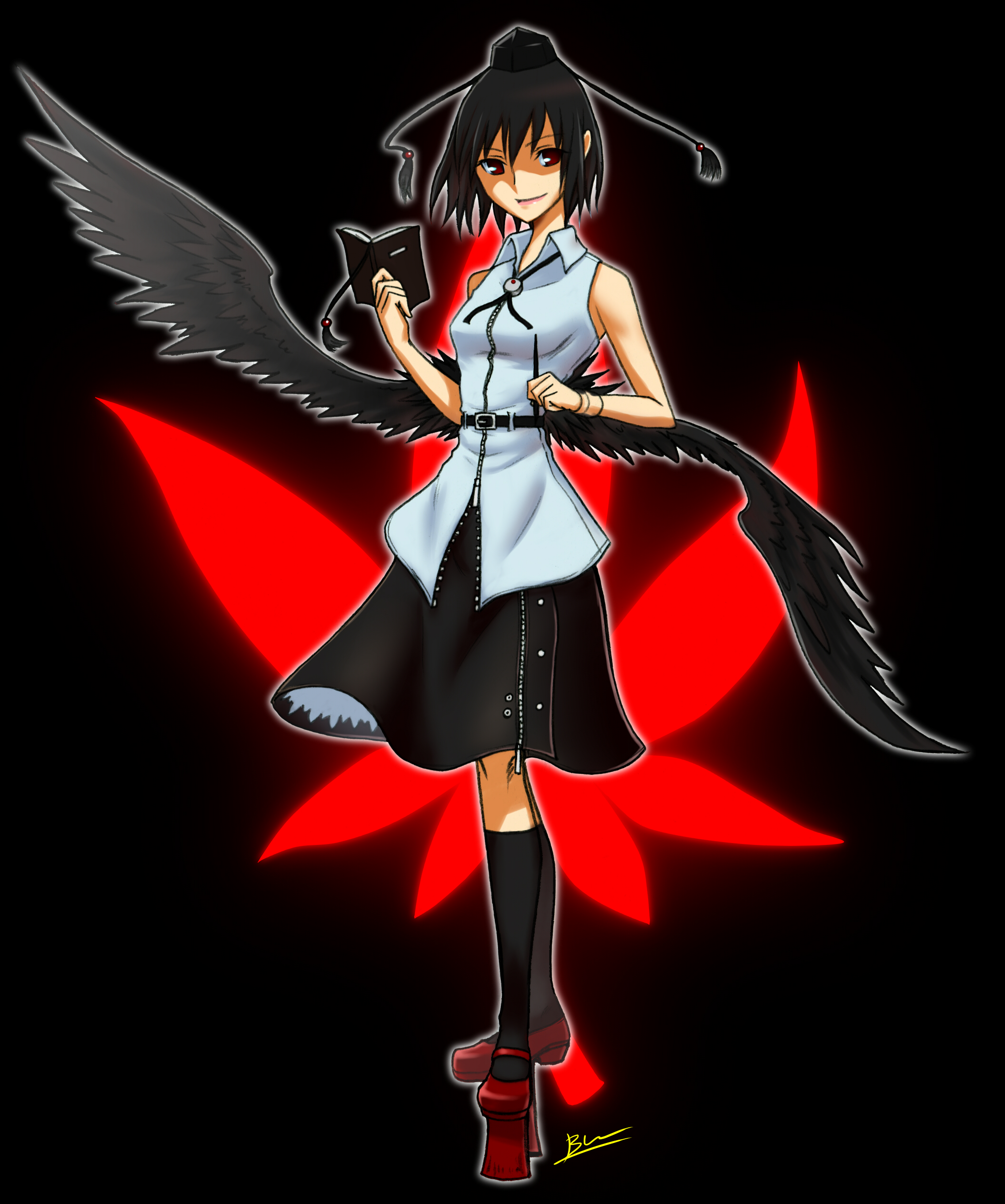 suginodai, shameimaru aya, touhou, absurdres, bad id, bad pixiv id, highres, 1girl, black hair, black wings, female focus, geta, hat, looking at viewer, short hair, skirt, solo, tengu-geta, tokin hat, wings