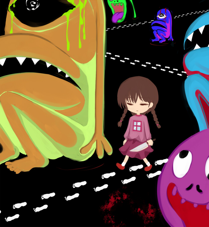 shimo (depthbomb), madotsuki, yume nikki, 1girl, blouse, braid, female focus, footprints, knife, monster, pink shirt, shirt, solo, twin braids