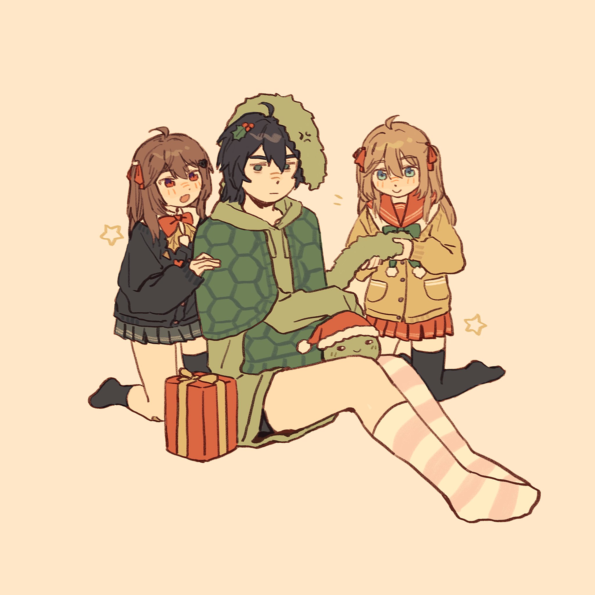 evil neuro-sama, neuro-sama, vedal987, vedal ai, commentary, english commentary, highres, 1boy, 2girls, :d, :|, ahoge, alternate color, asymmetrical legwear, bandaid, bandaid on knee, bandaid on leg, black cardigan, black hair, black skirt, black thighhighs, blue eyes, bow, bowtie, box, brown hair, capelet, cardigan, christmas, christmas present, closed mouth, collared shirt, double-parted bangs, drawstring, full body, gift, gift box, green bow, green bowtie, green capelet, green eyes, green hoodie, hair between eyes, hair ornament, hair ribbon, hat, heart, heart hair ornament, hexagon print, holly hair ornament, hood, hoodie, jitome, kneeling, long hair, looking down, miniskirt, multiple girls, open mouth, pink thighhighs, pleated skirt, pom pom (clothes), red bow, red bowtie, red eyes, red ribbon, red sailor collar, red skirt, ribbon, rikokoooou, sailor collar, santa hat, shirt, simple background, sitting, skirt, smile, star (symbol), striped clothes, striped thighhighs, thighhighs, turtle, two side up, uneven legwear, white shirt, white thighhighs, yellow background, yellow cardigan