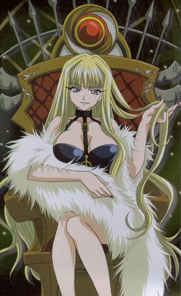 evangeline a.k. mcdowell, mahou sensei negima!, official art, aged up, blonde hair, breasts, chair, feather boa, green eyes, large breasts, vampire