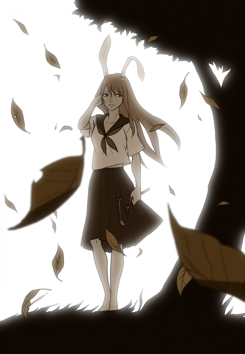 suginodai, reisen udongein inaba, touhou, 1girl, alternate costume, animal ears, brown theme, female focus, long hair, monochrome, rabbit ears, school uniform, serafuku, slingshot (weapon), solo