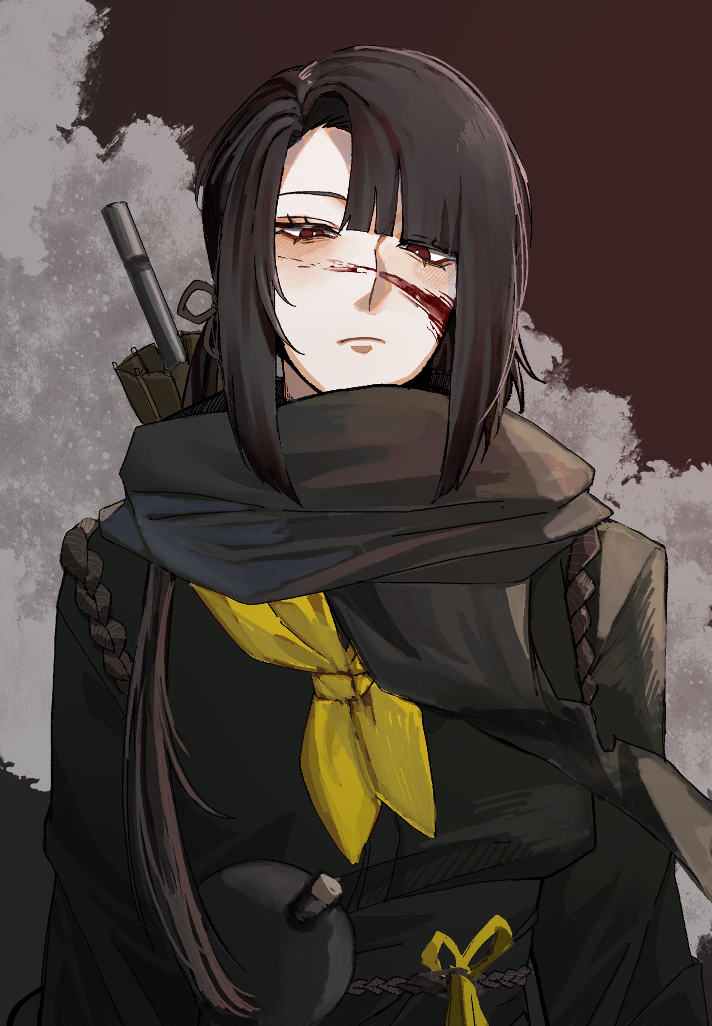 minihayagi, ryoshu (project moon), limbus company, project moon, highres, 1girl, black hair, blood, blood on face, chinese clothes, closed mouth, cloud, gourd, hongyuan (identity) (project moon), long hair, looking at viewer, red background, red eyes, smoke, solo, upper body, weapon, weapon on back