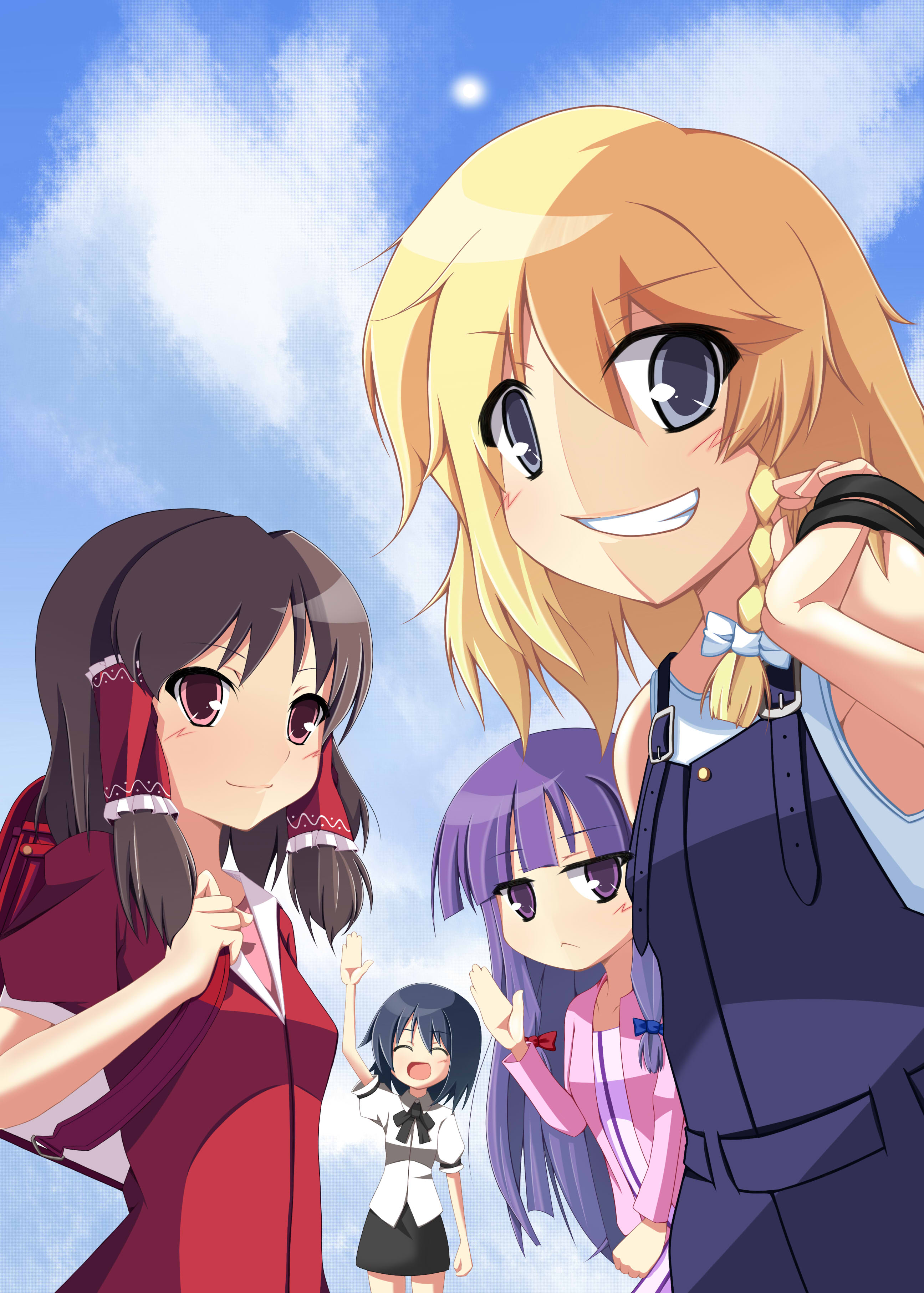 yatabi, hakurei reimu, kirisame marisa, patchouli knowledge, shameimaru aya, touhou, absurdres, highres, 4girls, :<, alternate costume, black hair, blonde hair, brown hair, contemporary, female focus, gradient background, long hair, multiple girls, outdoors, purple hair, short hair, skirt, sky
