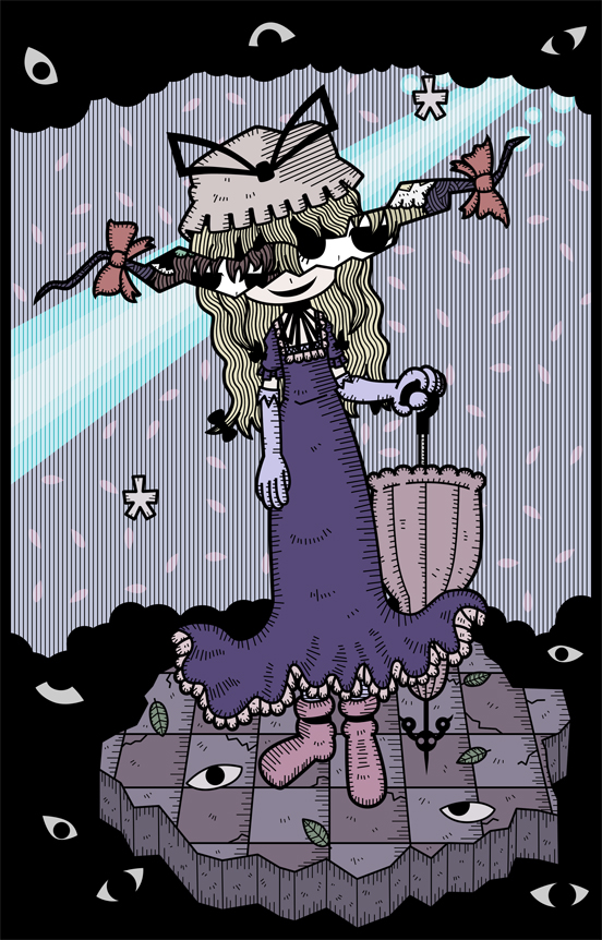 genkidaun, chen, yakumo ran, yakumo yukari, touhou, beam, 3girls, closed umbrella, eye focus, female focus, gap (touhou), gloves, multiple girls, parasol, petals, planted, planted umbrella, umbrella