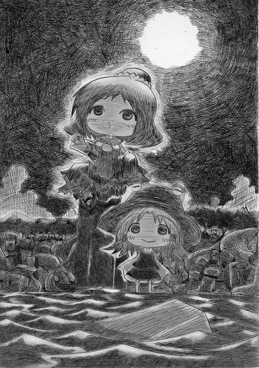 soyanrai, kochiya sanae, moriya suwako, yasaka kanako, touhou, bad id, bad pixiv id, highres, nib pen (medium), pen (medium), traditional media, 3girls, chibi, female focus, greyscale, hat, monochrome, moon, multiple girls, scenery, sitting, water