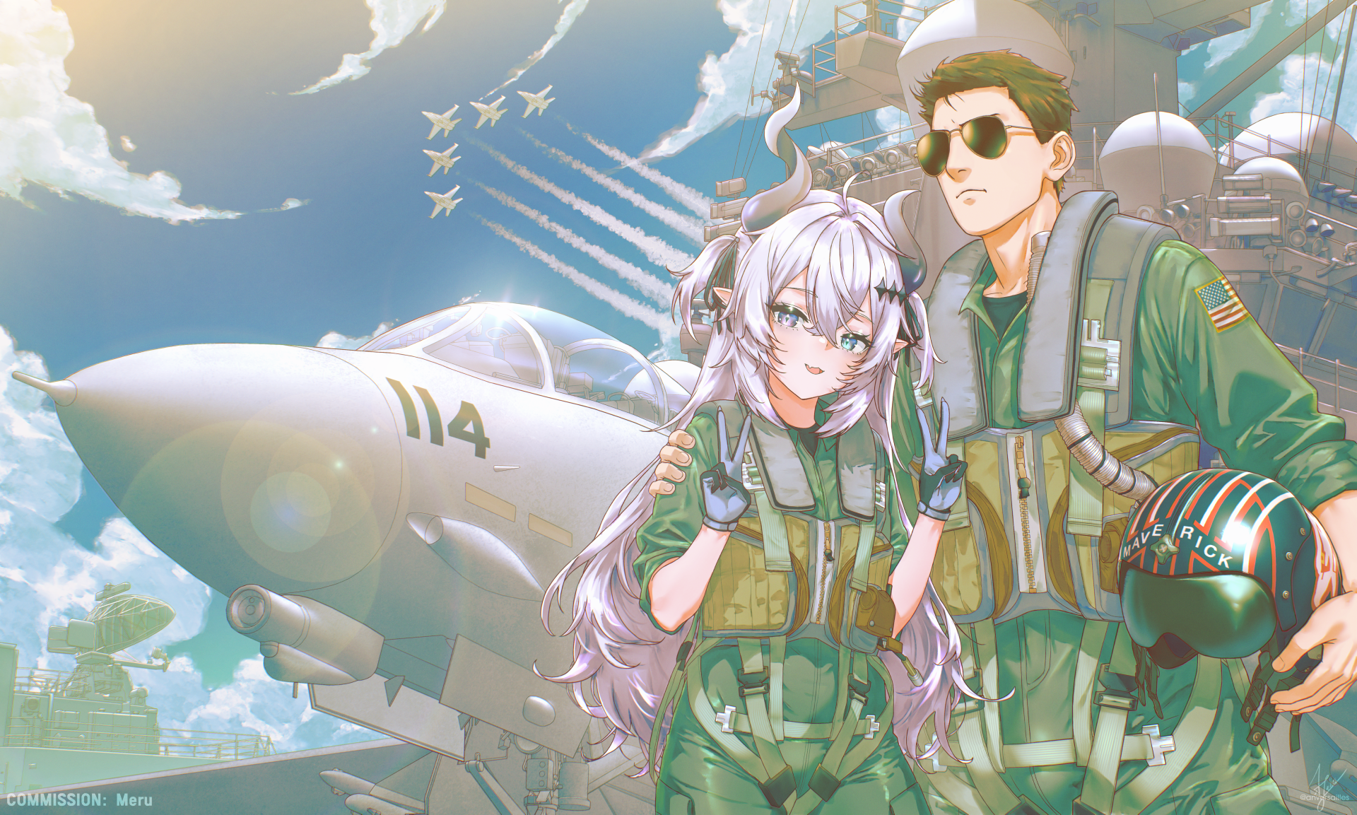 anversailles, vaipyre (vtuber), indie virtual youtuber, top gun, commentary, commission, english commentary, highres, 1boy, 1girl, aircraft, airplane, american flag, battleship, double v, dragon girl, gloves, hair ornament, hand on another's arm, helmet, heterochromia, holding, holding unworn helmet, horns, long hair, military, military vehicle, pete "maverick" mitchell, pointy ears, ship, sunglasses, unworn headwear, unworn helmet, v, warship, watercraft