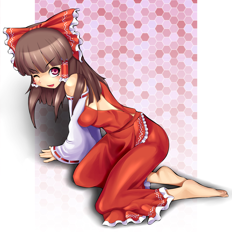 umigarasu (kitsune1963), hakurei reimu, touhou, 1girl, arm support, barefoot, bow, breasts, brown hair, detached sleeves, feet, female focus, japanese clothes, kneeling, miko, one eye closed, red eyes, sideboob, solo, wink
