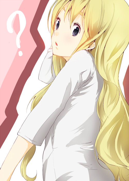 nishiuri warito, kotobuki tsumugi, k-on!, bad id, bad pixiv id, 00s, 1girl, ?, blonde hair, blue eyes, dress shirt, female focus, long hair, shirt, solo