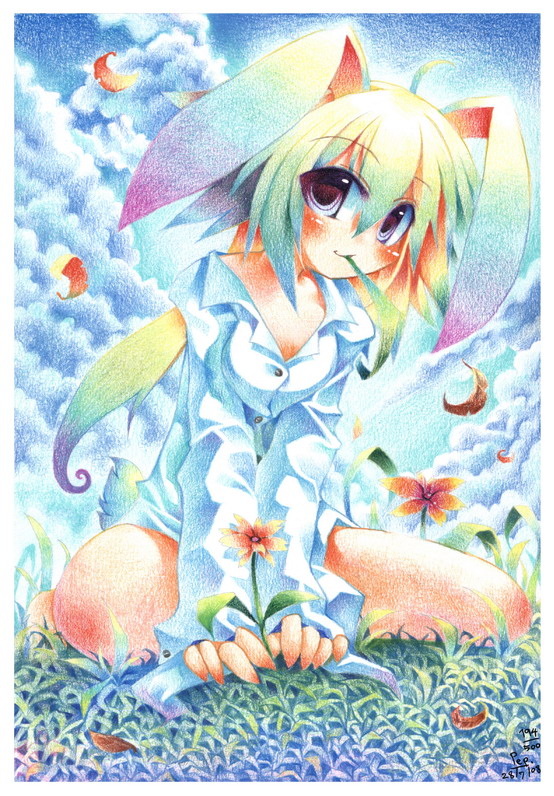 emperpep, painting (medium), traditional media, watercolor (medium), 1girl, ahoge, animal ears, barefoot, blush, cloud, feet, female focus, flower, full body, gradient hair, multicolored hair, nature, outdoors, purple eyes, rabbit ears, rabbit tail, sky, solo, tail