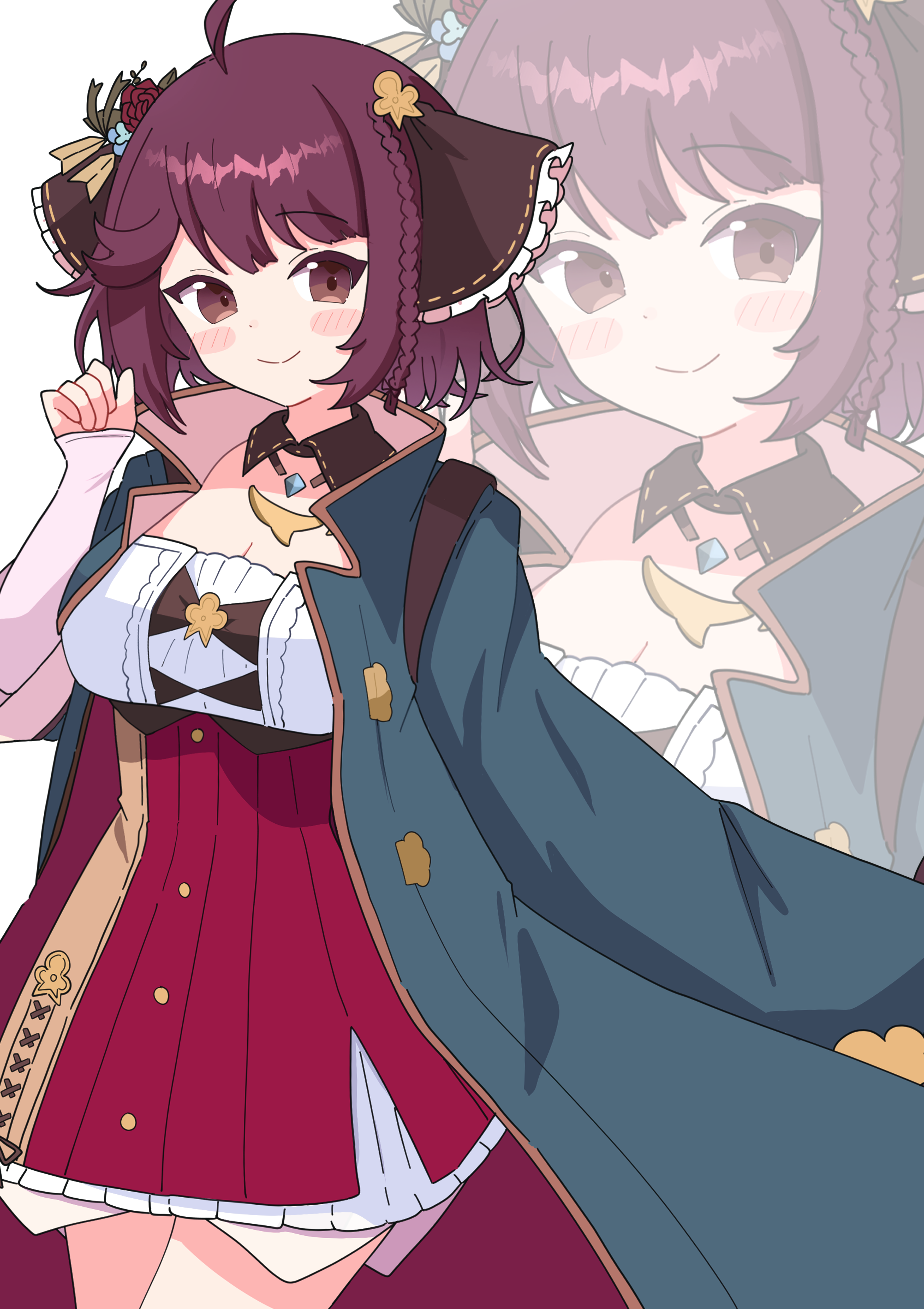 masakamea, sophie neuenmuller, atelier (series), absurdres, commentary, highres, 1girl, ahoge, black ribbon, blush stickers, breasts, brown eyes, brown hair, cleavage, closed mouth, coat, cowboy shot, dot nose, dress, flower, frilled dress, frilled ribbon, frills, green coat, hair flower, hair ornament, hair ribbon, hand up, large breasts, layered sleeves, long sleeves, looking at viewer, open clothes, open coat, red dress, red flower, red rose, ribbon, rose, short hair, simple background, smile, solo, white background, zoom layer