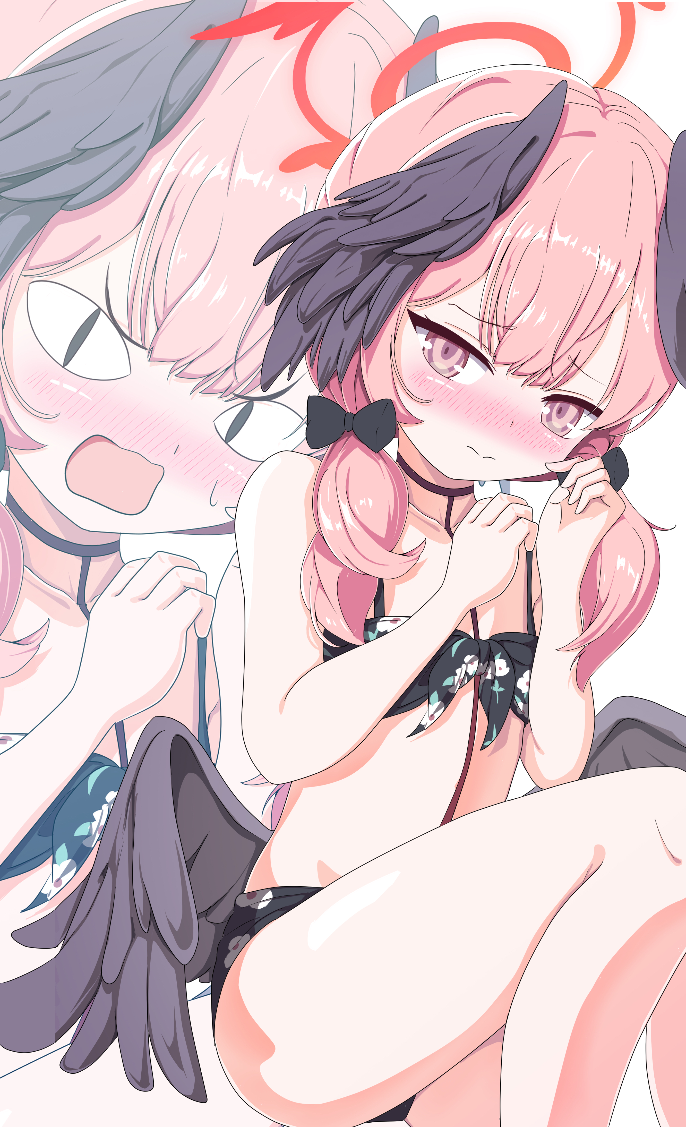 hatuyuki 1017, koharu (blue archive), koharu (swimsuit) (blue archive), blue archive, absurdres, commentary request, highres, 1girl, bare arms, bare hips, bare legs, bare shoulders, black wings, blush, closed mouth, flat chest, halo, hands up, looking at viewer, low twintails, open mouth, red halo, sitting, swimsuit, twintails, wings