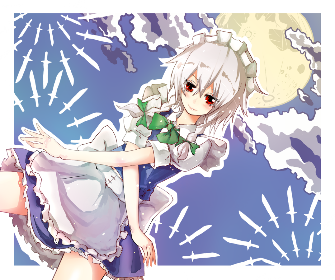 shiro (pixiv 76048), shiroshi (denpa eshidan), izayoi sakuya, embodiment of scarlet devil, touhou, silver hair, bad id, bad pixiv id, 1girl, braid, female focus, knife, maid, moon, red eyes, short hair, solo, throwing knife, twin braids, weapon