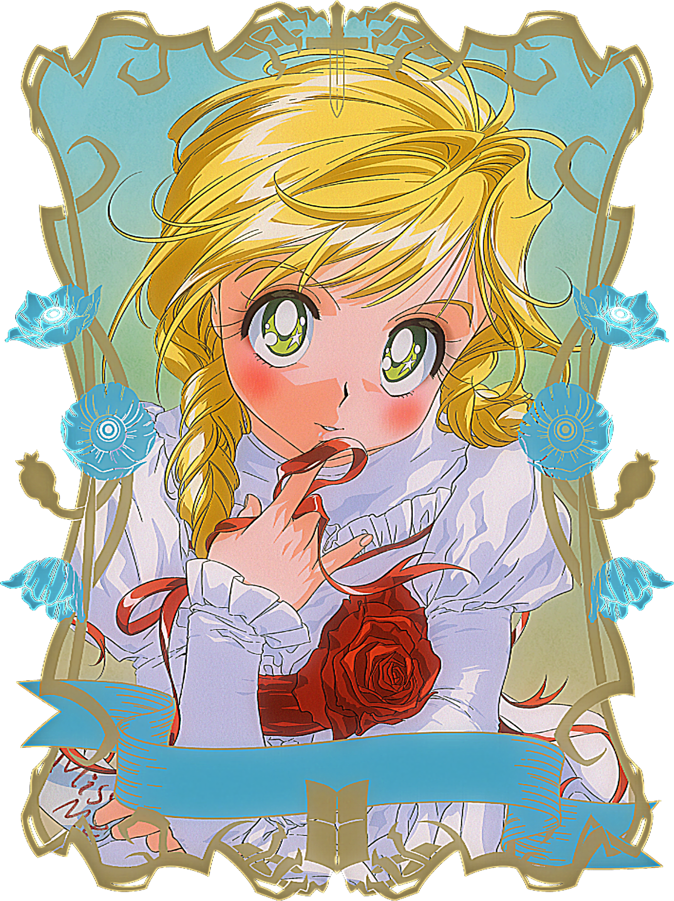 mane (omedemidori), original, absurdres, chinese commentary, commentary request, highres, 1girl, blonde hair, blue flower, braid, finger to mouth, flower, frills, green eyes, halloween, long hair, long sleeves, looking at viewer, puffy sleeves, red flower, red rose, rose, simple background, solo, transparent background, upper body
