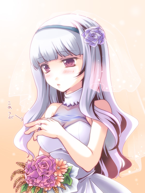 shinolion, takitsume shino, shijou takane, idolmaster, idolmaster (classic), silver hair, translated, 00s, 1girl, bouquet, bridal veil, bride, dress, female focus, flower, jewelry, long hair, red eyes, ring, solo, veil, wedding dress