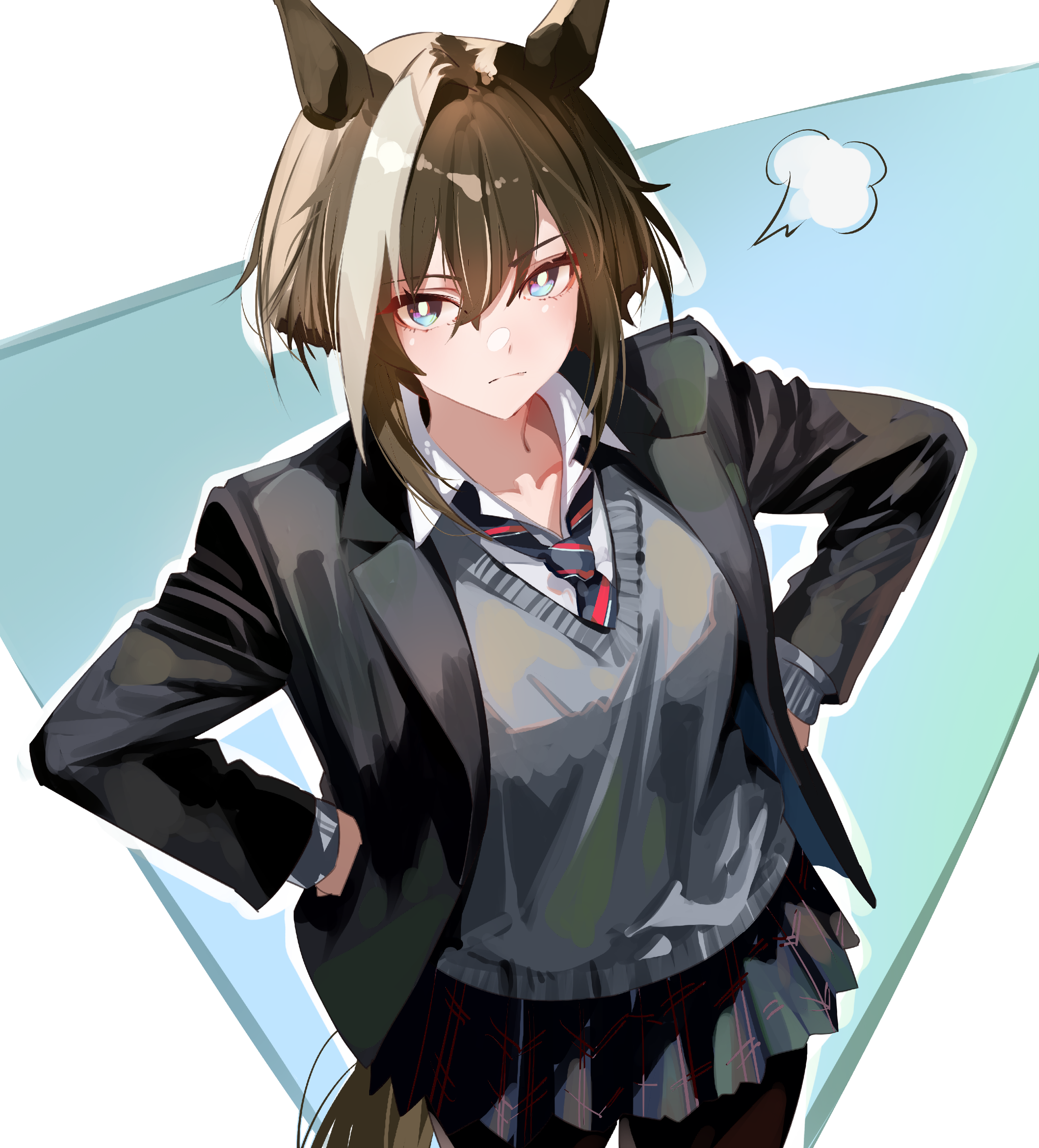 yoojp, cheval grand (umamusume), umamusume, absurdres, commentary request, highres, 1girl, alternate costume, animal ears, black jacket, black pantyhose, blazer, blue eyes, brown hair, brown tail, cardigan, closed mouth, diagonal-striped clothes, diagonal-striped necktie, from above, grey cardigan, hair between eyes, hands on own hips, horse ears, horse girl, horse tail, jacket, looking at viewer, miniskirt, multicolored hair, necktie, open clothes, open jacket, pantyhose, pleated skirt, school uniform, shirt, short hair, short hair with long locks, sidelocks, simple background, skirt, solo, streaked hair, striped clothes, tail, white background, white shirt, white streaks