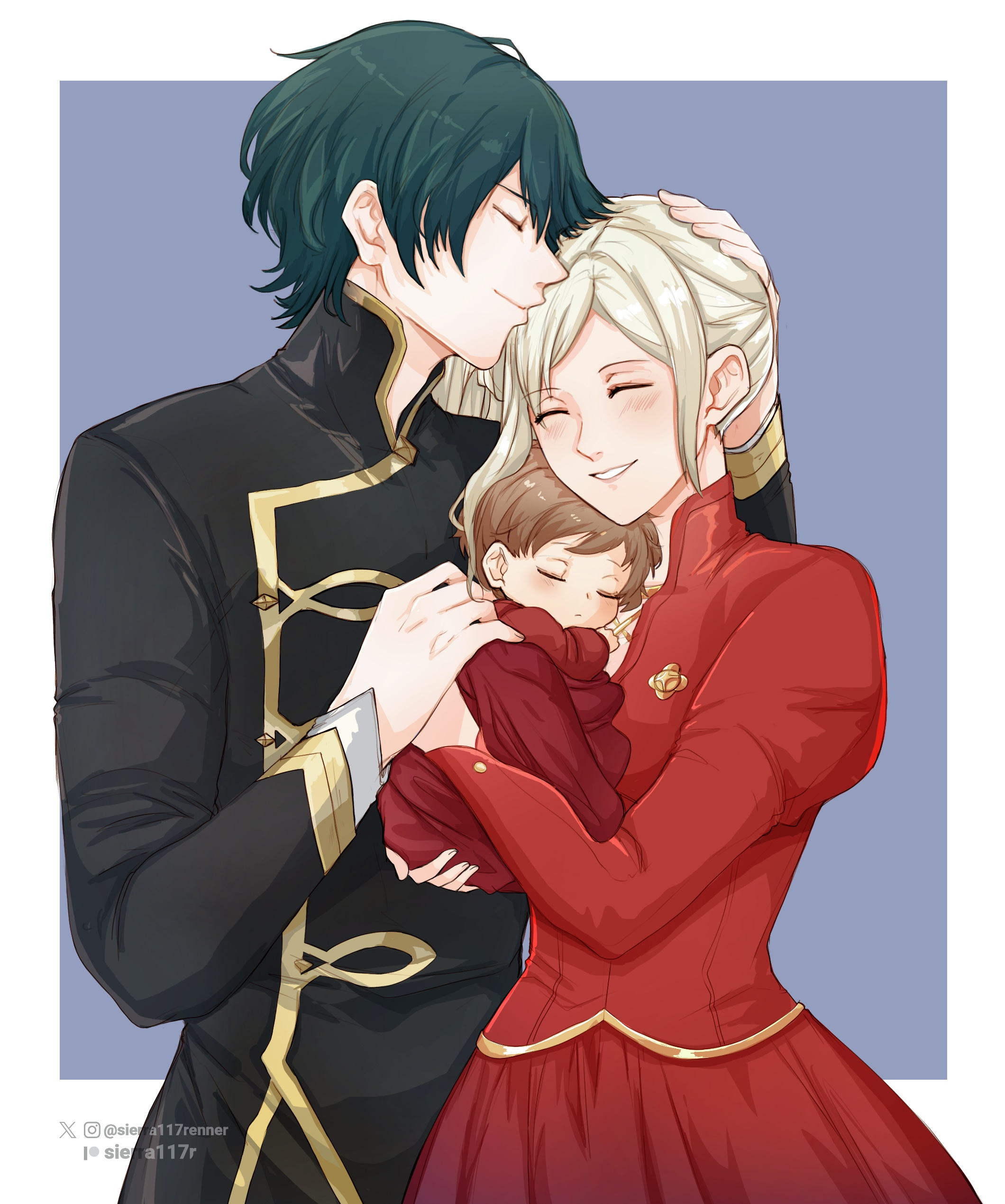 sierra117renner, edelgard von hresvelg, edelgard von hresvelg (timeskip), male byleth (awakened) (fire emblem), male byleth (enlightened one) (fire emblem), male byleth (fire emblem), fire emblem, fire emblem: three houses, nintendo, father and child, absurdres, commentary, english commentary, highres, 1boy, 1girl, 1other, artist name, baby, black shirt, blue background, border, brown hair, carrying, carrying baby, carrying person, closed eyes, couple, dress, hand on another's head, happy, hetero, husband and wife, if they mated, kissing head, long sleeves, mother and child, outside border, puffy long sleeves, puffy sleeves, red dress, shirt, side ponytail, simple background, sleeping, standing, twitter username, watermark, white border, white hair