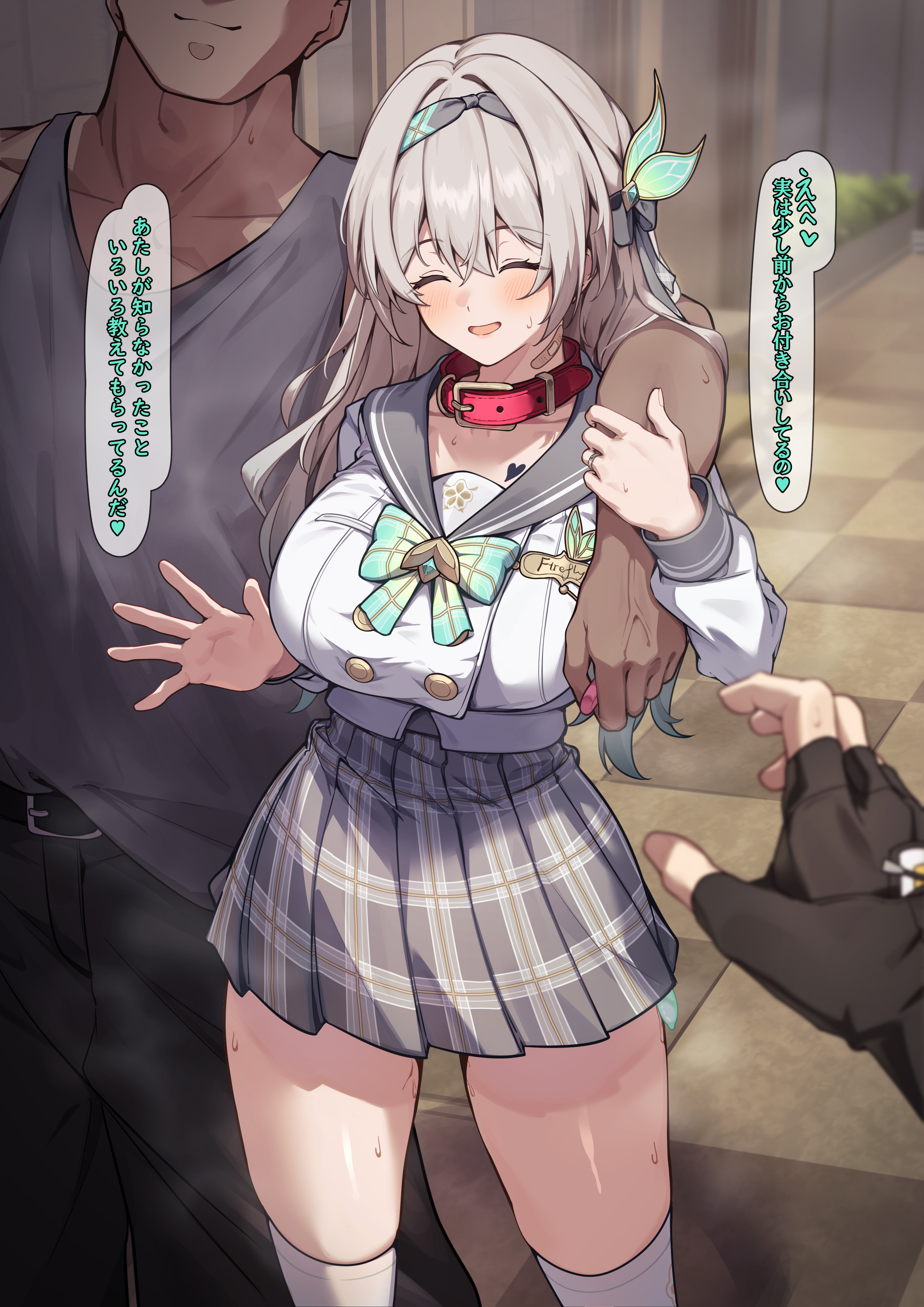 shirotategosha, caelus (honkai: star rail), firefly (honkai: star rail), trailblazer (honkai: star rail), honkai: star rail, honkai (series), absurdres, commentary request, highres, 1girl, 2boys, arm around shoulder, blush, breasts, closed eyes, collar, collarbone, condom, fingerless gloves, gloves, gradient hair, grey hair, large breasts, long hair, multicolored hair, multiple boys, netorare, pleated skirt, remote control vibrator, sex toy, shirt, skirt, sleeveless, socks, speech bubble, used condom, vibrator, waving, white shirt, white socks