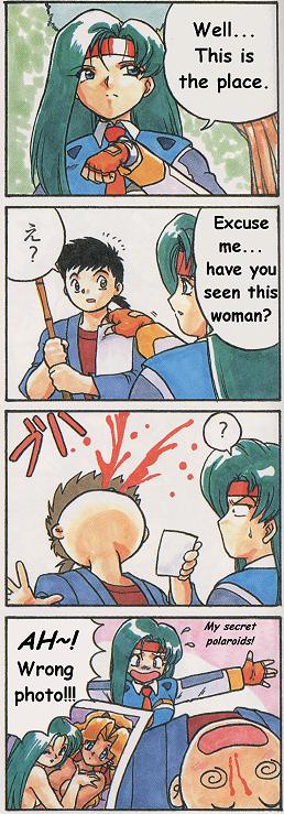 kuramitsu mihoshi, makibi kiyone, masaki tenchi, tenchi muyou!, hard-translated, third-party edit, translated, 1boy, 2girls, 4koma, black hair, blonde hair, blood, blue eyes, comic, green hair, multiple girls, nosebleed, outdoors, yuri