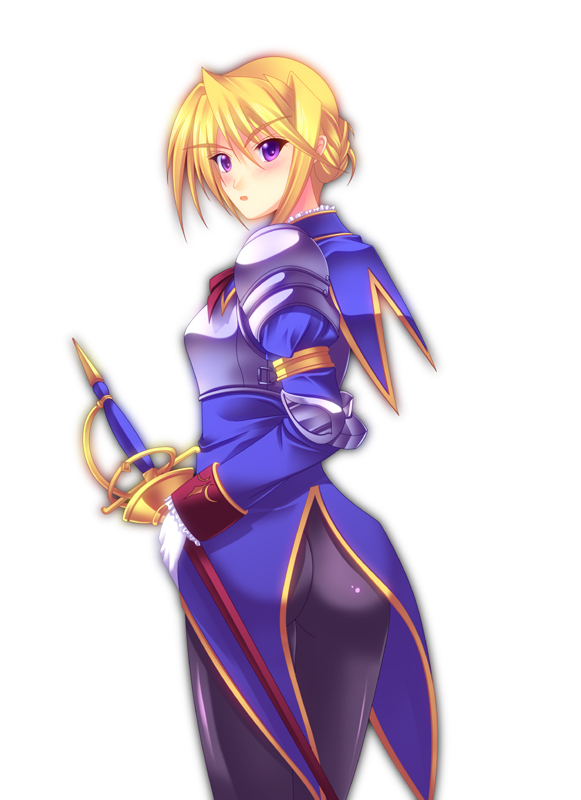 masa (lunaticgate), silvia van hossen, princess lover, bad id, bad pixiv id, 1girl, armor, ass, blonde hair, female focus, gloves, hair bun, looking back, purple eyes, rapier, single hair bun, solo, sword, weapon