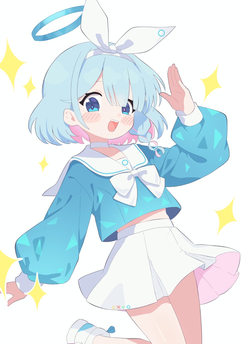 masakamea, arona (blue archive), blue archive, hashtag-only commentary, highres, 1girl, :d, arm up, blue eyes, blue hair, blue halo, blue shirt, blush stickers, bow, bow hairband, bowtie, braid, colored inner hair, cowboy shot, hairband, halo, leg up, long sleeves, looking at viewer, medium hair, multicolored hair, open mouth, pink hair, pleated skirt, sailor collar, shirt, simple background, single braid, skirt, smile, solo, sparkle, two-tone hair, white background, white bow, white bowtie, white hairband, white sailor collar, white skirt