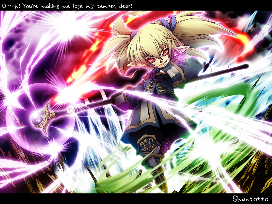 ferio, karuna, black mage (final fantasy), blue mage (final fantasy), red mage (final fantasy), shantotto, final fantasy, final fantasy xi, 00s, 1girl, blonde hair, english text, gloves, grin, magic, pointy ears, red eyes, smile, staff, tarutaru
