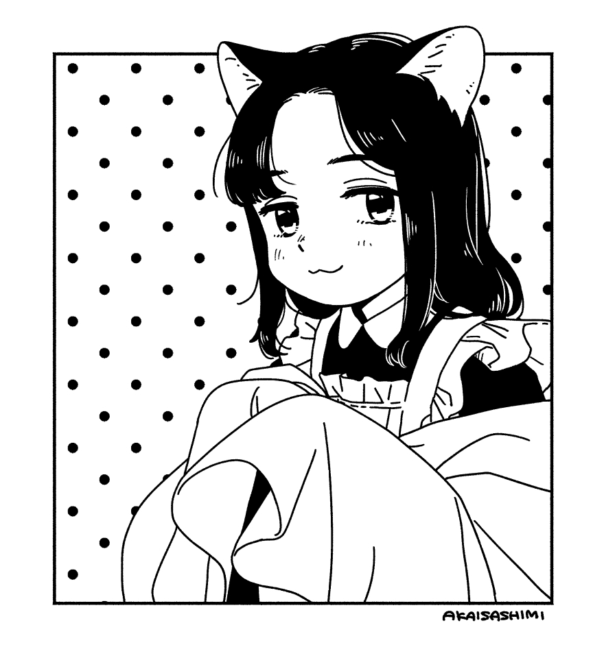 akai sashimi, original, 1girl, :3, animal ears, apron, artist name, border, cat ears, cat girl, closed mouth, dress, greyscale, long hair, long sleeves, looking at viewer, maid, monochrome, parted bangs, polka dot, polka dot background, sleeves past fingers, sleeves past wrists, smile, solo, upper body