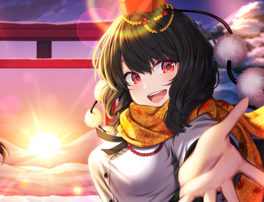 mitama mudimudi, shameimaru aya, touhou, commentary request, 1girl, buttons, gradient background, hat, leaf print, lens flare, looking at viewer, multicolored sky, offering hand, open mouth, orange scarf, print scarf, red eyes, scarf, shirt, short hair, sky, solo, teeth, tokin hat, torii, white shirt