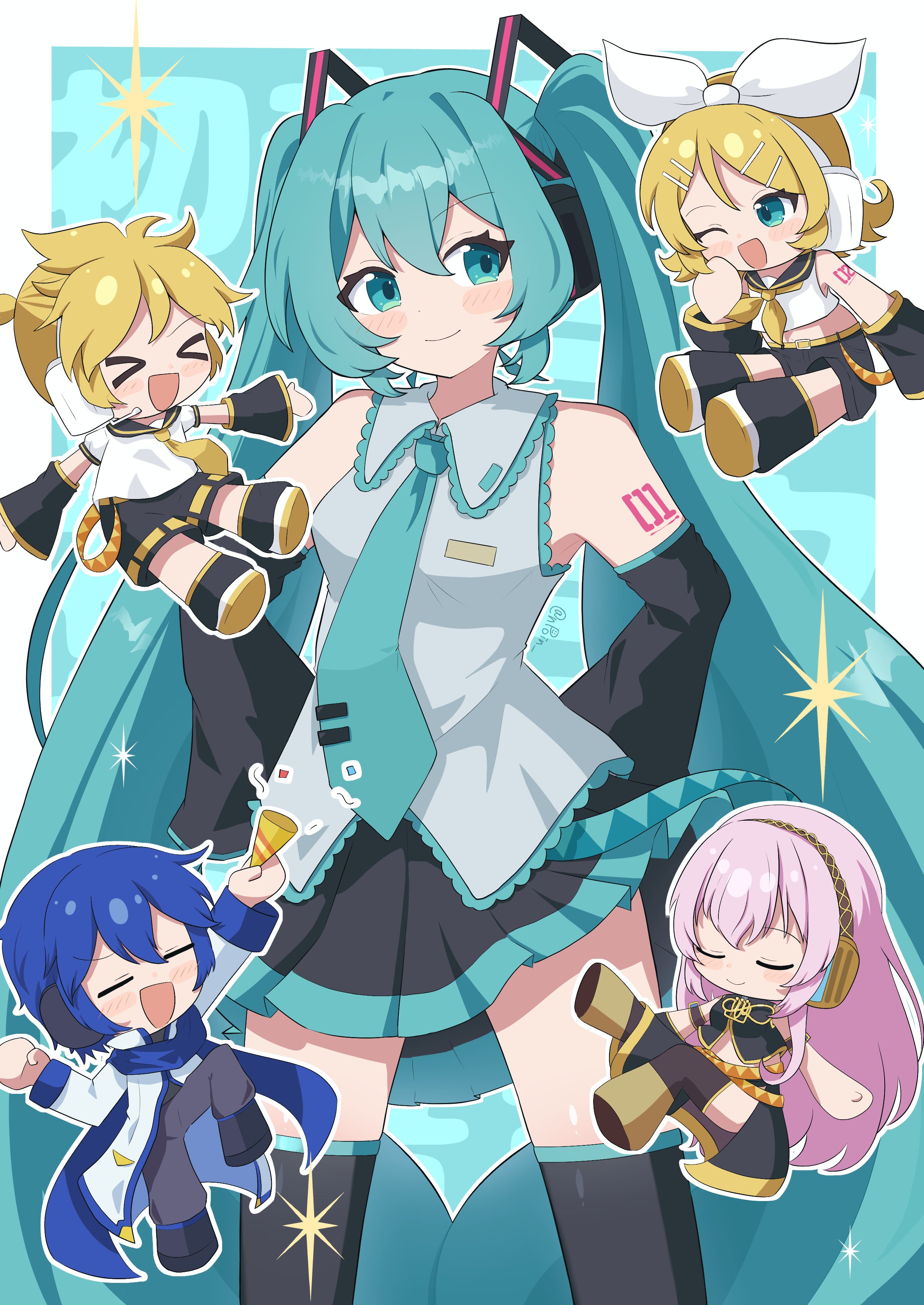 masakamea, hatsune miku, kagamine len, kagamine rin, kaito (vocaloid), megurine luka, vocaloid, absurdres, commentary, highres, > <, 2boys, 3girls, :d, ;d, aqua hair, arm warmers, bare shoulders, black boots, black leg warmers, black pants, black sailor collar, black skirt, black sleeves, black thighhighs, blonde hair, blue background, blue hair, blue scarf, blush stickers, boots, border, brown boots, chibi, closed eyes, closed mouth, coat, collared shirt, cowboy shot, detached sleeves, double-parted bangs, green eyes, grey shirt, hair between eyes, hair ribbon, headphones, headset, holding, knee boots, leg warmers, long hair, long sleeves, looking at viewer, miniskirt, multiple boys, multiple girls, number tattoo, one eye closed, open mouth, outline, outside border, pants, party popper, pink hair, pleated skirt, ribbon, sailor collar, scarf, shirt, shoes, short hair, short sleeves, shoulder tattoo, skirt, sleeveless, sleeveless shirt, smile, sparkle, tattoo, thighhighs, tie clip, twintails, white border, white coat, white outline, white ribbon, white shirt, white shoes, xd, zettai ryouiki