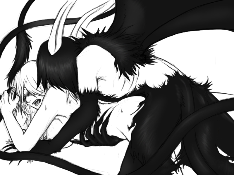 inoue orihime, ulquiorra cifer, bleach, 00s, 1girl, arrancar, black hair, blush, breasts, claws, from behind, hollow (bleach), horns, large breasts, monochrome, nude, number tattoo, open mouth, resurreccion, resurreccion: segunda etapa, sex, sweat, tail, tattoo, thighs, vaginal, wings