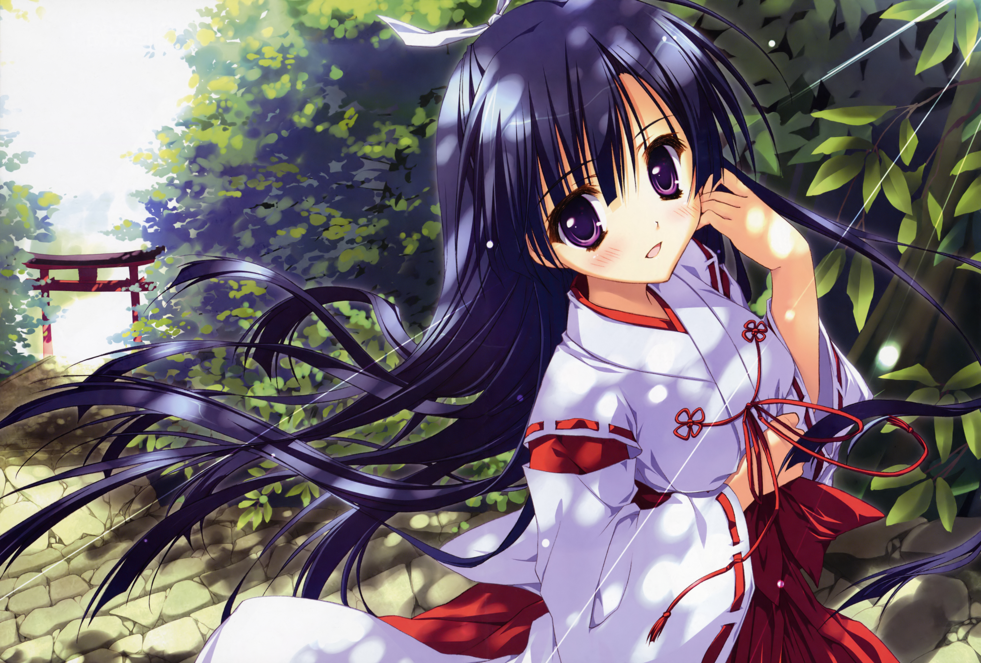 ryouka (suzuya), koumoto madoka, hoshizora e kakaru hashi, wall, absurdres, highres, 10s, 1girl, black hair, bow, cobblestone, dappled sunlight, day, female focus, hair bow, hair ornament, hair ribbon, hakama, hakama skirt, hand on own cheek, hand on own face, haori, japanese clothes, leaf, long hair, miko, open mouth, outdoors, perspective, purple eyes, purple hair, red hakama, ribbon, skirt, smile, solo, stairs, stone wall, sunlight, torii, tree shade