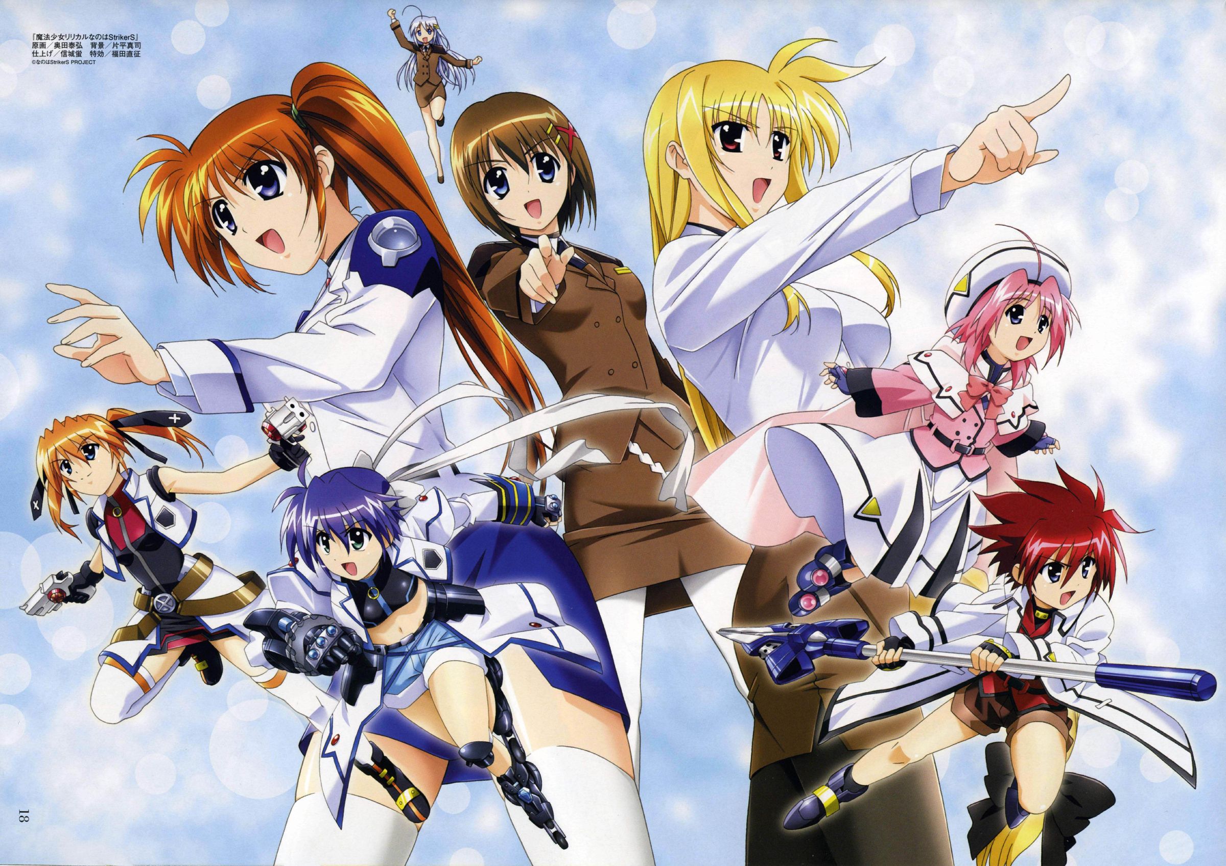 okuda yasuhiro, caro ru lushe, cross mirage, erio mondial, fate testarossa, kerykeion (nanoha), mach caliber, reinforce zwei, revolver knuckle, strada, subaru nakajima, takamachi nanoha, teana lanster, yagami hayate, lyrical nanoha, mahou shoujo lyrical nanoha, mahou shoujo lyrical nanoha strikers, highres, official art, 00s, 1boy, 6+girls, ahoge, belt, blonde hair, blue eyes, blue hair, bow, brown hair, buckle, cape, coat, drill, dual wielding, fingerless gloves, gauntlets, gloves, green eyes, gun, hair ornament, handgun, hat, headband, holding, inline skates, jacket, long hair, magical boy, magical girl, midriff, military, military uniform, mini person, minigirl, multiple girls, open clothes, open coat, open jacket, open mouth, orange hair, pencil skirt, pink bow, pink hair, pistol, purple eyes, red eyes, red hair, roller skates, short hair, side ponytail, single fingerless glove, single gauntlet, skates, skirt, staff, thighhighs, trigger discipline, twintails, waist cape, weapon, white thighhighs, x hair ornament