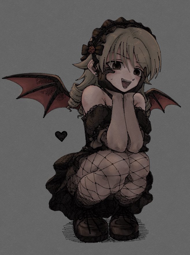 ch1ba12m, morikubo nono, idolmaster, idolmaster cinderella girls, 1girl, bare shoulders, black dress, brown eyes, demon wings, dress, fishnet pantyhose, fishnets, full body, gloves, grey hair, hands on own cheeks, hands on own face, heart, long hair, open mouth, pantyhose, ringlets, smile, solo, squatting, wings