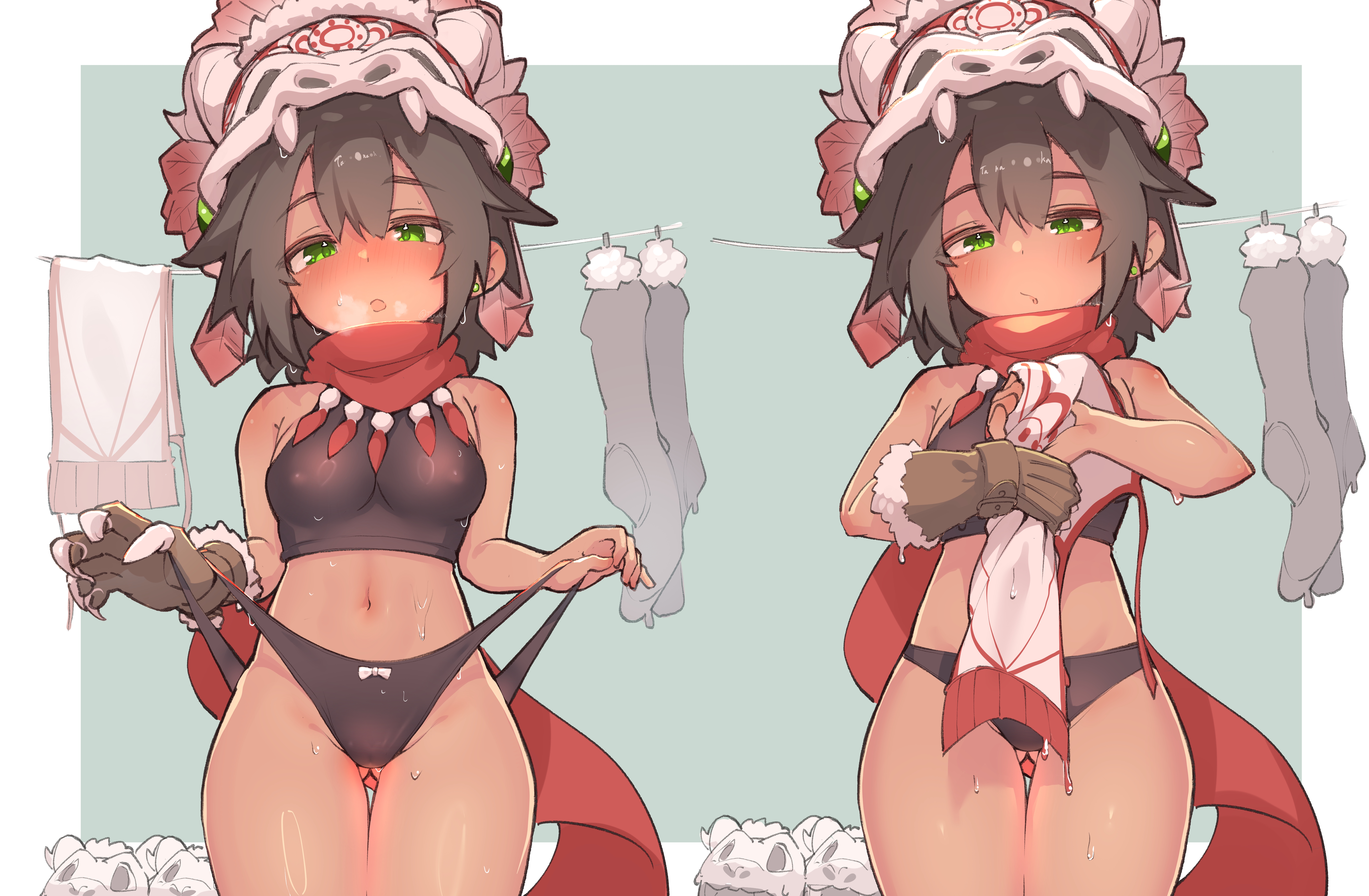 haruka kanata (togassi1), original, absurdres, commentary request, highres, 1girl, bare shoulders, black hair, black panties, black sports bra, bow, bow panties, breasts, clawed gauntlets, clothesline, cowboy shot, dark-skinned female, dark skin, expressionless, fake claws, frontal wedgie, gloves, gluteal fold, green eyes, looking at viewer, medium breasts, multiple views, navel, panties, red scarf, scarf, self wedgie, sequential, short hair, single glove, skull on head, socks, sports bra, thigh gap, underwear, unworn socks, wedgie, wet, wringing clothes