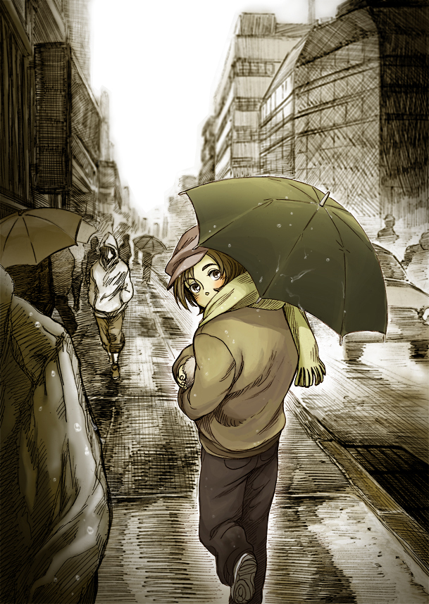 parhart, toboe, wolf's rain, commentary request, 1boy, brown hair, car, covered mouth, hat, jacket, looking back, male focus, motor vehicle, outdoors, pants, people, scarf, sepia, short hair, solo, umbrella, walking